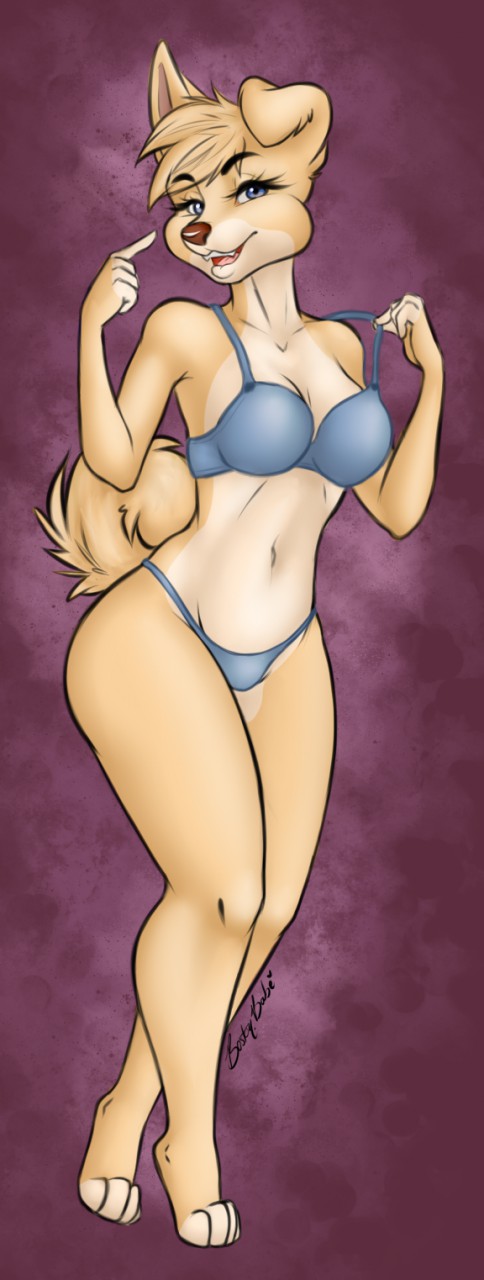 angel_(lady_and_the_tramp) aroused bikini blue_eyes blush boston.babe canine clothing disney dog female fur lady_and_the_tramp mammal pinup pose striptease swimsuit tongue