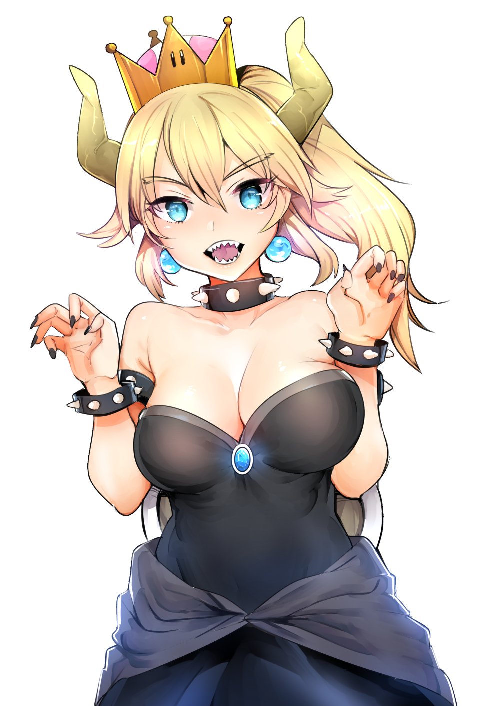 bangs bare_shoulders black_collar black_dress black_nails blue_earrings borrowed_design bowsette bracelet breasts brooch claw_pose cleavage collar commentary_request cowboy_shot crown dress eyebrows_visible_through_hair gem highres horns jewelry leaning_to_the_side long_hair looking_at_viewer mario_(series) medium_breasts medium_dress nail_polish nakasone_haiji new_super_mario_bros._u_deluxe open_mouth ponytail sharp_teeth simple_background smile solo spiked_armlet spiked_bracelet spiked_collar spikes standing strapless strapless_dress super_crown super_mario_bros. teeth turtle_shell white_background