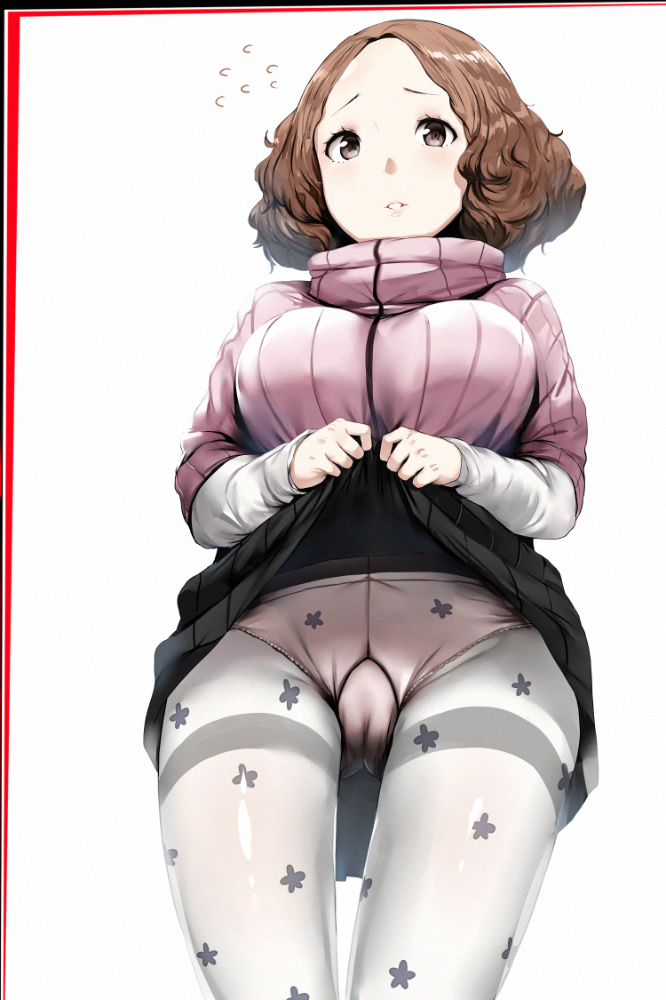black_skirt blush breasts brown_eyes brown_hair cameltoe casual embarrassed floral_print flying_sweatdrops forehead gusset hews_hack large_breasts layered_sleeves lifted_by_self long_sleeves looking_at_viewer miniskirt okumura_haru panties pantyhose persona persona_5 pink_sweater pleated_skirt revision shiny shiny_hair short_hair shuujin_academy_uniform simple_background skirt skirt_lift sleeves_past_wrists solo standing sweater tareme thigh_gap thighband_pantyhose turtleneck turtleneck_sweater underwear upskirt white_background