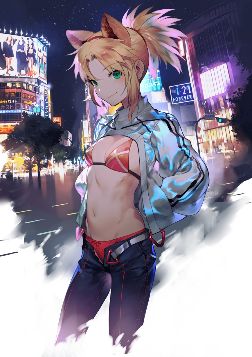 animal_ears baggy_clothes bangs belt blonde_hair blush bra breasts city city_lights coat commentary_request fate/grand_order fate_(series) green_eyes groin hair_tie hands_in_pockets highres intersection lamppost long_hair looking_at_viewer mordred_(fate) mordred_(fate)_(all) navel night open_clothes open_coat open_fly outdoors panties pants parted_bangs pink_hair ponytail red_bra red_panties salmon88 screen sidelocks sky small_breasts smile solo star_(sky) starry_sky stomach traffic_light unbuttoned_pants underwear