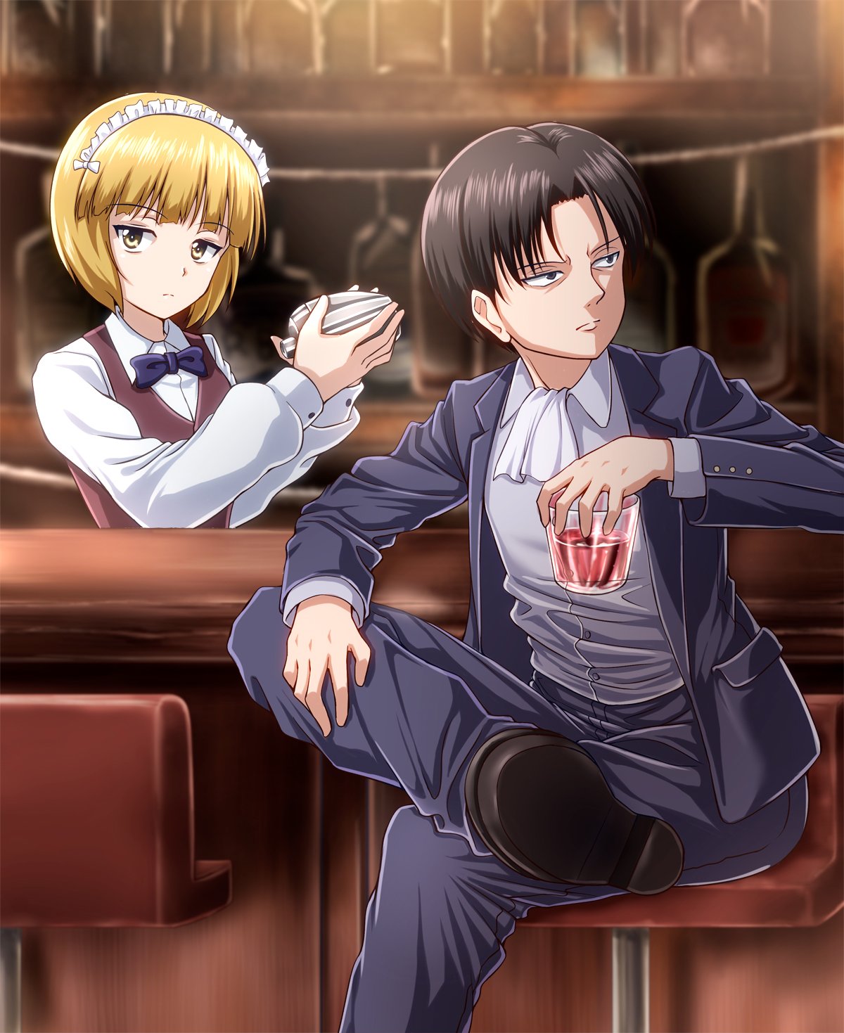1girl alcohol ascot bangs bar bartender black_eyes black_footwear black_hair black_jacket black_neckwear black_pants blonde_hair blunt_bangs blurry blurry_background bow bowtie brown_vest closed_mouth cocktail_shaker collared_shirt commentary crossed_legs crossover cup cutlass_(girls_und_panzer) depth_of_field dress_shirt drinking_glass eyebrows_visible_through_hair formal frown girls_und_panzer glaring half-closed_eyes hand_on_own_leg handkerchief highres holding holding_cup jacket levi_(shingeki_no_kyojin) light_frown loafers long_sleeves looking_at_viewer maid_headdress pants school_uniform shingeki_no_kyojin shirt shoes short_hair sitting standing suit vest white_neckwear white_shirt wing_collar yellow_eyes zanntetu