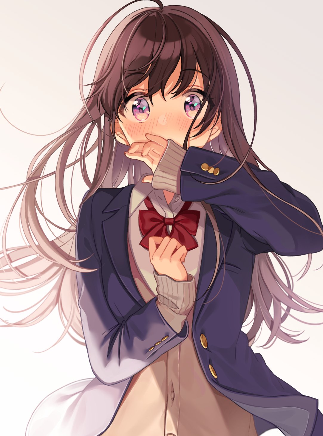 1girl ahoge bangs blazer blue_eyes blue_jacket blush bow brown_hair cardigan covering_mouth hand_over_own_mouth highres jacket long_hair original red_bow school_uniform shigure_ui sleeves_past_wrists upper_body