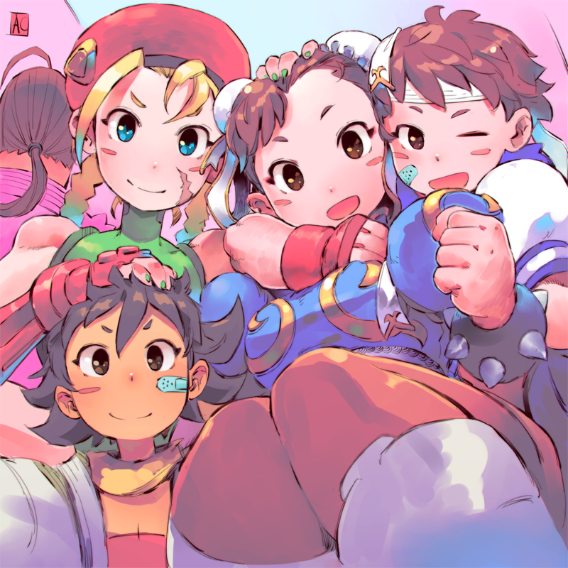 4girls ahoge andrea_cofrancesco arms_around_neck bandaid bandaid_on_face beret black_hair blonde_hair blue_eyes blush_stickers bra braid breasts brown_eyes brown_hair cammy_white china_dress chinese_clothes choker chun-li dougi dress group_picture hat headband hibiki_dan kasugano_sakura leotard makoto_(street_fighter) multiple_girls pantyhose petting red_bra ribbon_choker scar school_uniform serafuku short_hair smile sports_bra street_fighter twin_braids underwear