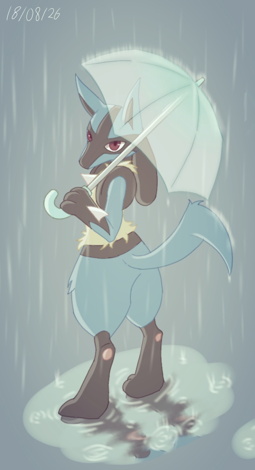 ambiguous_gender anthro canine fur long_ears looking_at_viewer looking_back lucario mammal nintendo pawpads paws podo-ade pok&eacute;mon pok&eacute;mon_(species) puddle raining red_eyes solo spikes standing umbrella video_games water wet
