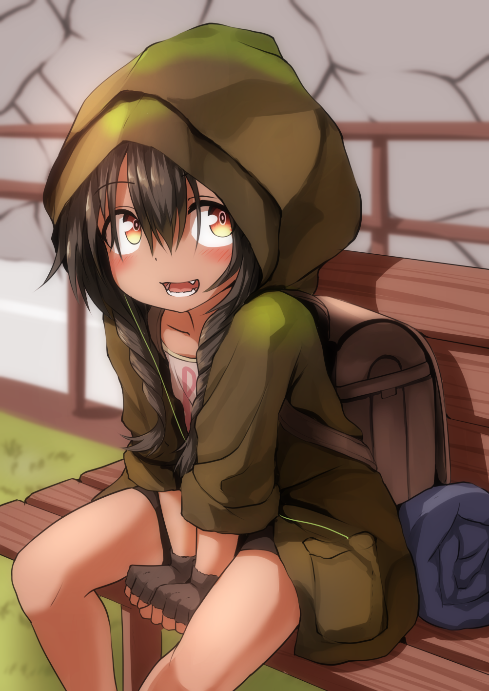 :d anoshiras_ii backpack bag bangs bench blurry blurry_background braid brown_eyes brown_gloves brown_hair brown_shirt brown_shorts commentary_request day depth_of_field earbuds earphones eyebrows_visible_through_hair fang fingerless_gloves gloves green_jacket hair_between_eyes highres hood hood_up hooded_jacket jacket kyabe_tsuka leaning_forward long_hair long_sleeves looking_at_viewer low_twintails on_bench open_clothes open_jacket open_mouth outdoors park_bench randoseru shirt short_shorts shorts sitting smile solo ssss.gridman twin_braids twintails