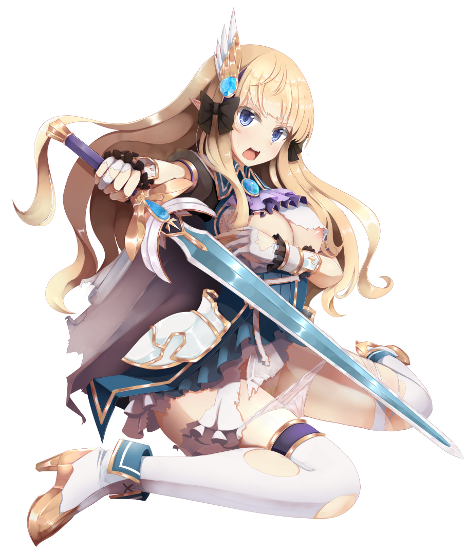 blonde_hair blue_eyes breasts cleavage elf gloves headgear high_heels large_breasts long_hair nipple_slip nipples open_mouth panties pointy_ears princess_connect! princess_connect!_re:dive pubic_hair sasaki_saren solo suisui_(hakkindou) sword thighhighs torn_clothes underwear weapon