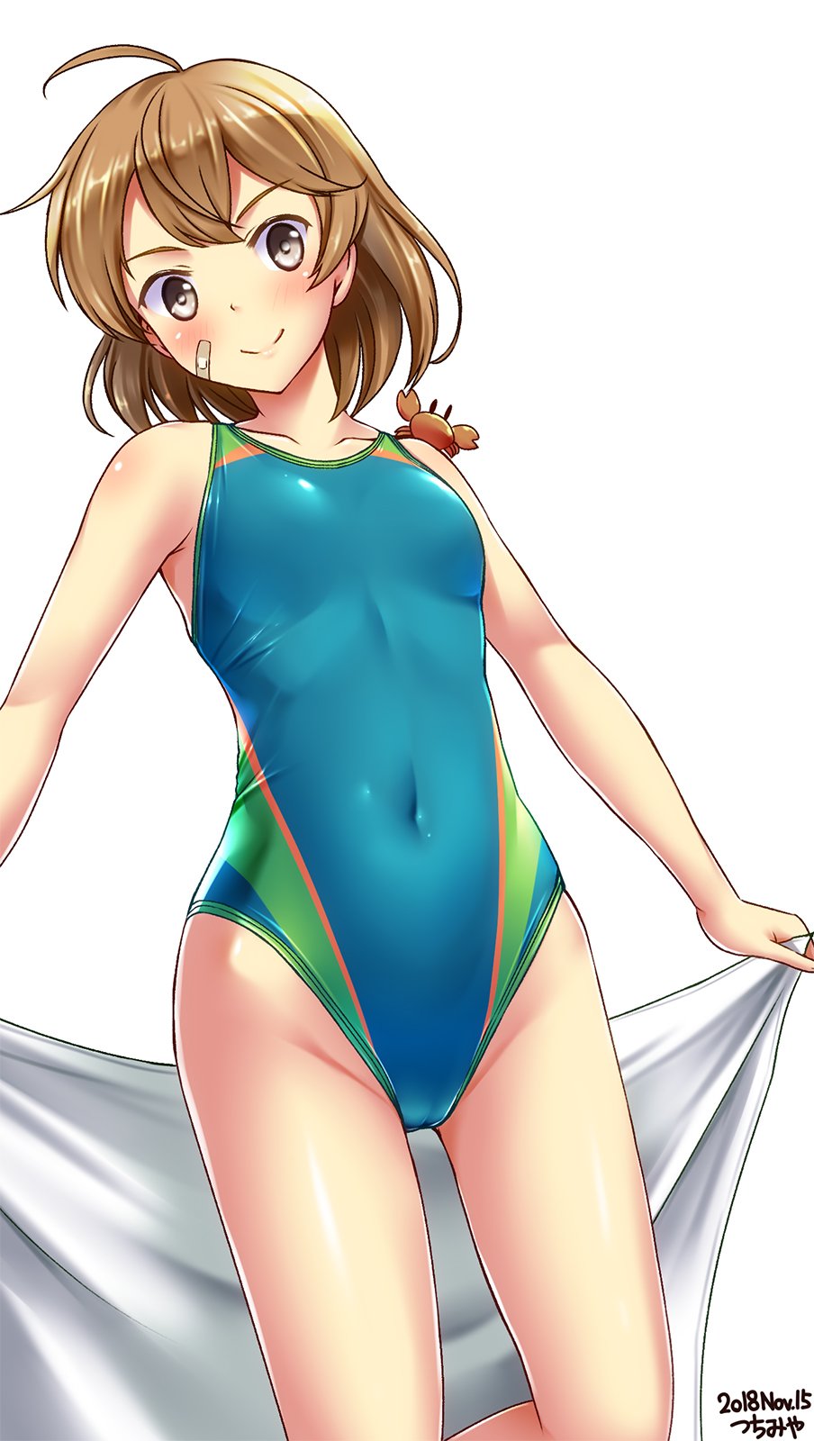 animal animal_on_shoulder antenna_hair artist_name bandaid bandaid_on_face blue_swimsuit blush breasts brown_eyes brown_hair collarbone commentary_request competition_swimsuit cowboy_shot crab dated eyebrows_visible_through_hair hair_between_eyes highres kantai_collection looking_at_viewer medium_hair oboro_(kantai_collection) one-piece_swimsuit short_hair simple_background small_breasts smile solo standing swimsuit towel tsuchimiya white_background white_towel