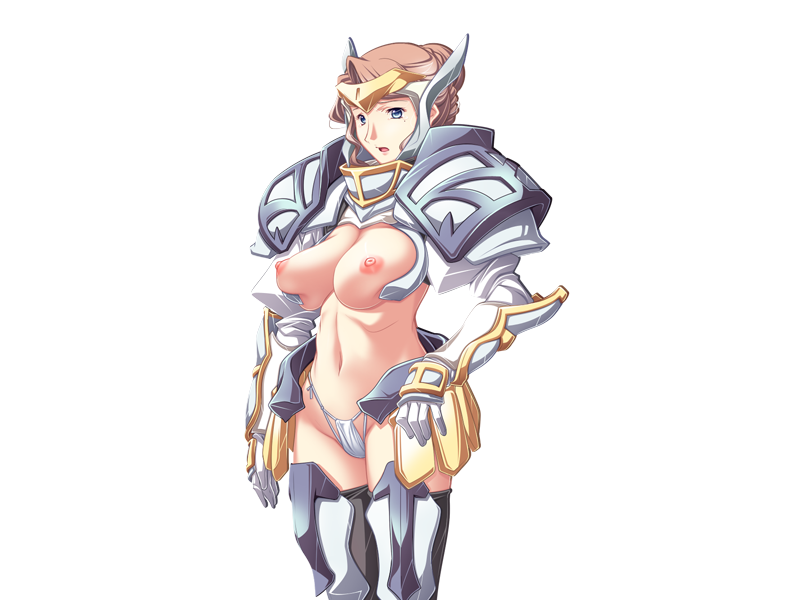 1girl armor bikini_armor blue_eyes breasts brown_hair claudia_levantine hikage_eiji knight kuroinu_~kedakaki_seijo_wa_hakudaku_ni_somaru~ large_breasts liquid_(company) mole nexton nipples open_mouth revealing_clothes simple_background solo topless white_background