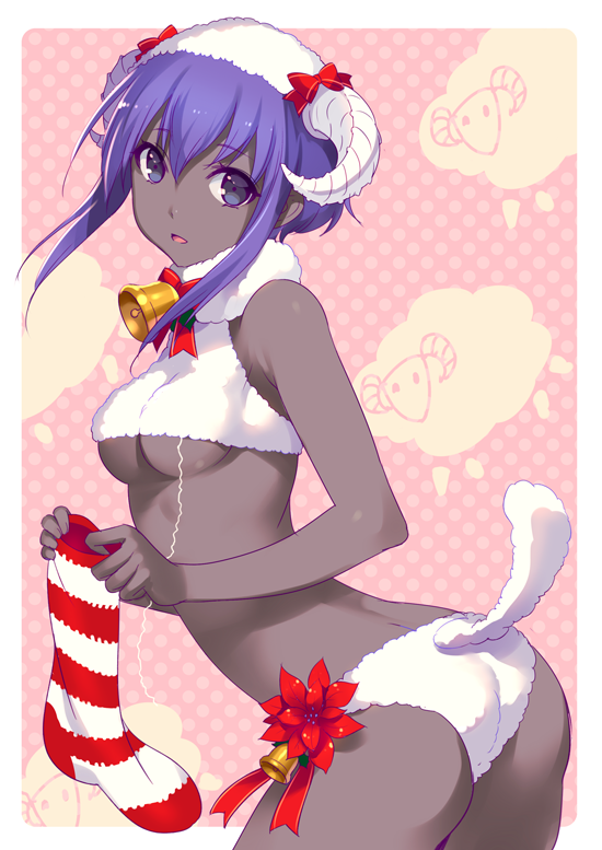 ass bangs bare_shoulders bell breasts christmas_stocking dark_skin eyebrows_visible_through_hair fate/grand_order fate/prototype fate/prototype:_fragments_of_blue_and_silver fate_(series) hair_between_eyes hassan_of_serenity_(fate) horns looking_at_viewer medium_breasts nishimura_eri purple_eyes purple_hair sheep_horns sheep_tail short_hair short_hair_with_long_locks sidelocks simple_background solo string tail underboob
