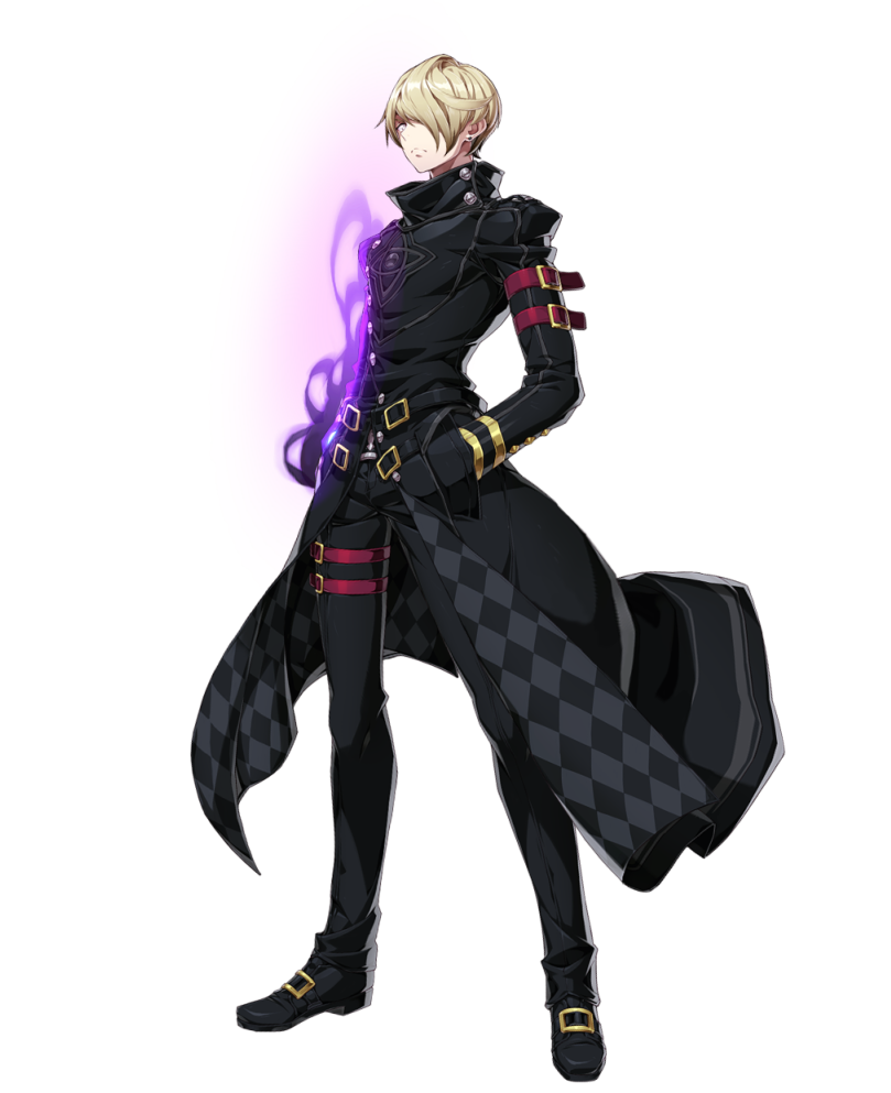 arm_belt black_footwear black_legwear black_pants blonde_hair earrings epic7 full_body hair_over_one_eye hand_in_pocket jewelry leg_belt long_sleeves looking_at_viewer magic male_focus official_art pants purple_earrings sez_gaien shoes standing stud_earrings transparent_background