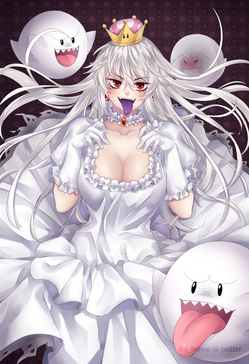 1girl boo breasts cleavage dress earrings elbow_gloves gloves hair_between_eyes ika-hime jewelry large_breasts long_hair looking_at_viewer mario_(series) monster_girl mosaic_background new_super_mario_bros._u_deluxe nintendo open_mouth princess_king_boo purple_tongue red_eyes sharp_teeth silver_hair super_crown teeth tongue tongue_out upper_teeth white_dress white_gloves