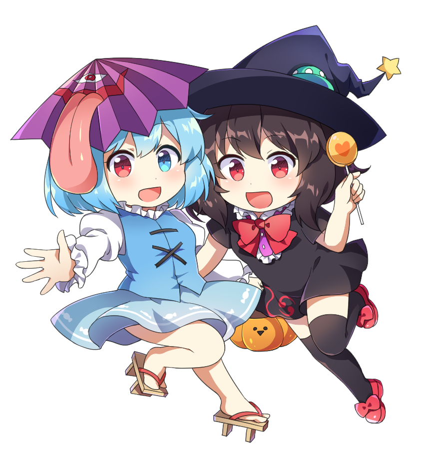 :d bangs basket black_dress black_hair black_hat black_legwear blue_eyes blue_hair blue_skirt blue_vest blush bow bowtie breasts brown_footwear candy caramell0501 center_frills chibi commentary_request dress eyebrows_visible_through_hair food geta halloween hand_up hat heterochromia holding holding_basket holding_food houjuu_nue juliet_sleeves leg_up lollipop long_sleeves medium_breasts multiple_girls open_mouth puffy_sleeves purple_umbrella red_bow red_eyes red_footwear red_neckwear shirt shoes short_dress short_hair short_sleeves simple_background skirt skirt_set smile star tatara_kogasa thighhighs thighs tongue tongue_out touhou ufo vest white_background white_shirt witch_hat zettai_ryouiki