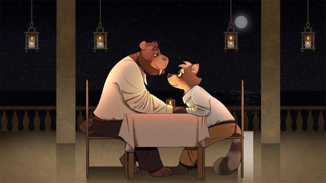 2018 anthro anthro_on_anthro beard blush brown_hair chair clothed clothing cseed dress_shirt duo facial_hair feline hair kenjus male male/male mammal moon pants procyonid purple_eyes raccoon roantiger romantic saber-toothed_cat shirt sitting table