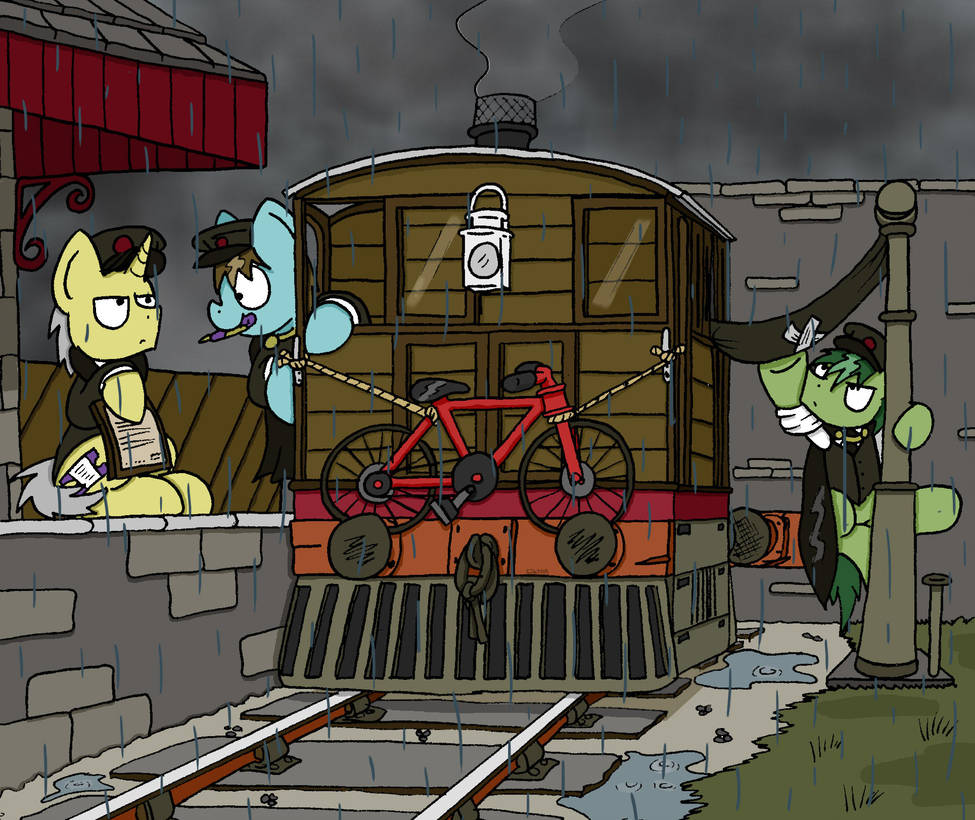 bicycle bobthedalek bottomless clothed clothed_feral clothing cloud cutie_mark dark_clouds earth_pony equine feral group horn horse mammal my_little_pony outside pen pony raining train train_station unicorn vehicle
