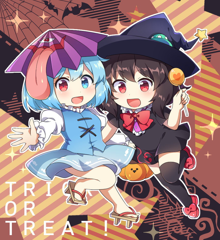 :d bangs basket bat black_dress black_hair black_hat black_legwear blue_eyes blue_hair blue_skirt blue_vest blush bow bowtie breasts brown_background brown_footwear candy caramell0501 center_frills chibi commentary_request dress eyebrows_visible_through_hair food geta halloween hand_up hat heterochromia holding holding_basket holding_food houjuu_nue juliet_sleeves leg_up lollipop long_sleeves medium_breasts multiple_girls open_mouth outline puffy_sleeves purple_umbrella red_bow red_eyes red_footwear red_neckwear shirt shoes short_dress short_hair short_sleeves silk skirt skirt_set smile spider_web star striped tatara_kogasa thighhighs thighs tongue tongue_out touhou trick_or_treat ufo vest white_outline white_shirt witch_hat zettai_ryouiki