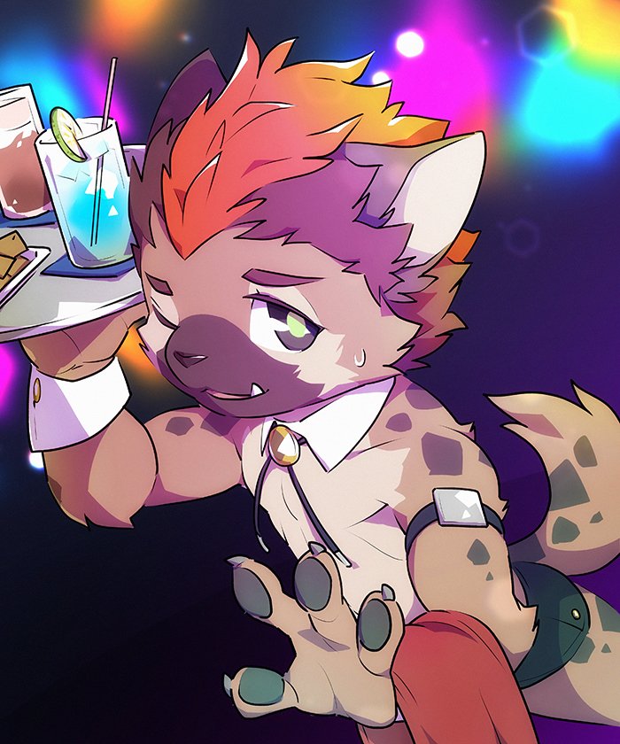 anthro beverage brown_fur clothed clothing cub danboyya2000 food fur hair holding_object hyena looking_at_viewer male mammal multicolored_eyes nude one_eye_closed orange_hair pawpads plate ribbons teeth topless towel underwear young