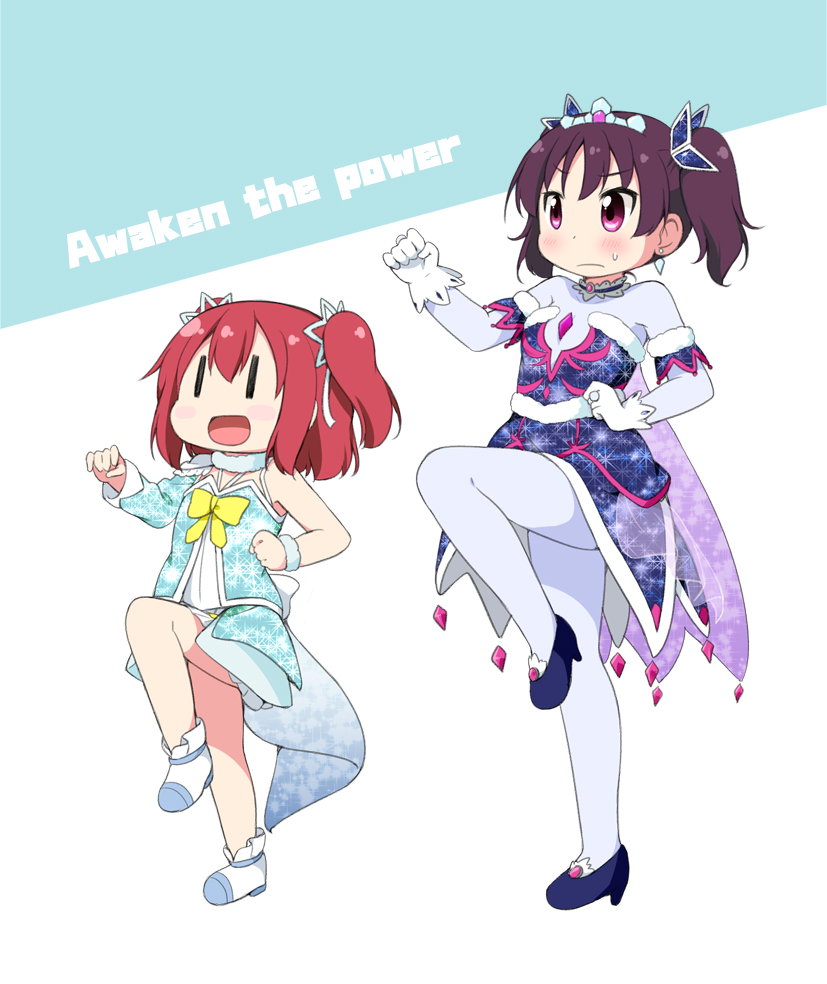 2girls :d aqua_skirt awaken_the_power bangs blue_footwear blue_skirt blush blush_stickers bow bowtie choker clenched_hands cover cover_page doujin_cover earrings frown full_body fur_trim gloves high_heels jewelry kazuno_leah kurosawa_ruby love_live! love_live!_sunshine!! marching miyako_hito multiple_girls my_chemical_romance open_mouth purple_eyes purple_hair red_hair ring single_sleeve skirt smile song_name sweatdrop the_black_parade_(album) tiara twintails two_side_up unitard white_footwear white_gloves yellow_neckwear |_|