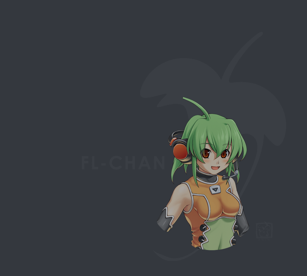 :d ahoge blush bust elbow_gloves fl-chan fl_studio gloves green_hair headphones highres microphone official_art open_mouth orange_eyes red_eyes short_hair simple_background smile uruido