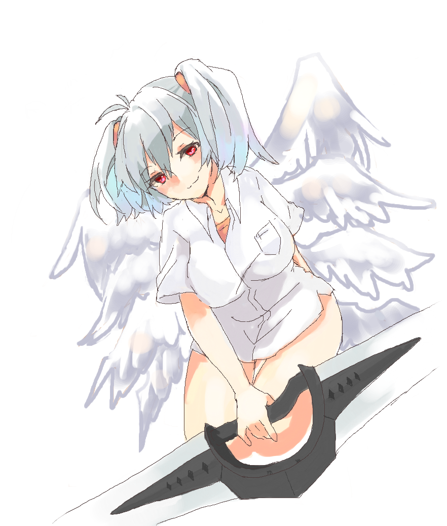 angel_chromosome_xx closed_mouth looking_at_viewer multiple_wings neon_genesis_evangelion rattorun red_eyes short_twintails silver_hair simple_background smile sword tabris tabris-xx twintails weapon white_background wings