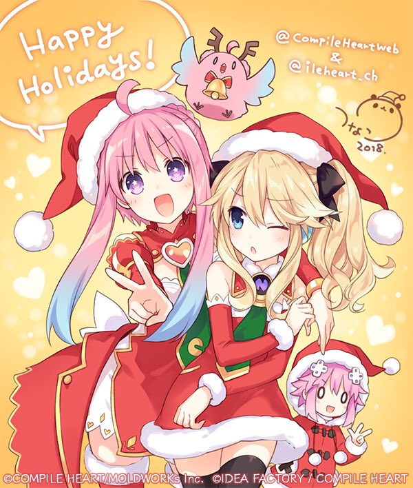 3girls blonde_hair christmas compile_heart d-pad d-pad_hair_ornament gift hair_ornament hat histoire ileheart long_hair looking_at_viewer multiple_girls neptune_(choujigen_game_neptune) neptune_(series) official_art open_mouth pink_hair purple_eyes purple_hair santa_costume sidelocks smile star star-shaped_pupils symbol-shaped_pupils tsunako twintails v virtual_youtuber