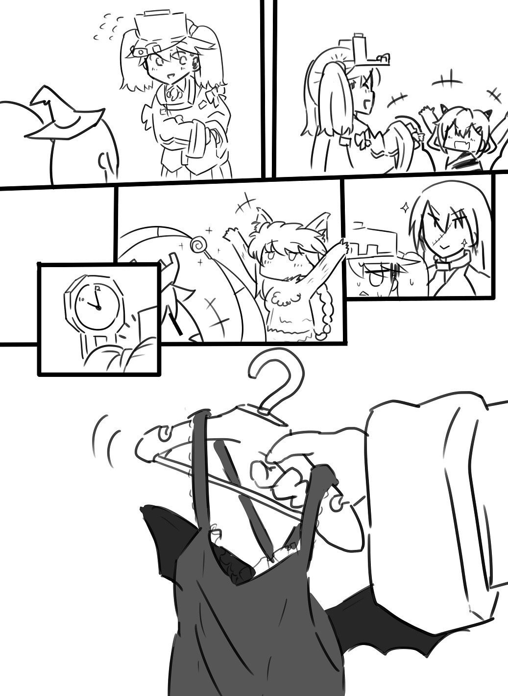 asashio_(kantai_collection) braid candy clock comic commentary_request dress food greyscale halloween halloween_costume hat highres ikazuchi_(kantai_collection) japanese_clothes kantai_collection kariginu lollipop long_hair long_sleeves monochrome multiple_girls nagato_(kantai_collection) namakura_neo ryuujou_(kantai_collection) single_braid twintails unryuu_(kantai_collection) visor_cap witch_hat