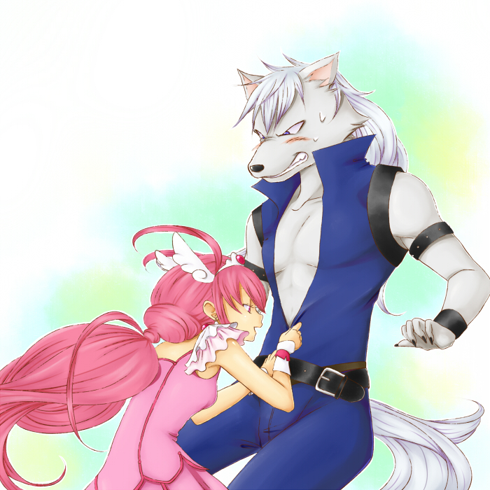 2012 annoyed anthro belt blue_eyes blush bracelet breasts canine clothed clothing crown duo female fur grey_fur hair hoshizora_miyuki human jewelry male mammal open_mouth pink_eyes pink_hair pretty_cure small_breasts sweat tiara undressing white_hair wolf wolfrun アシュ