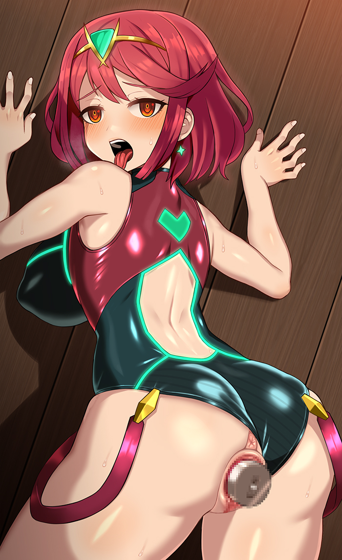 1girl against_wall ahegao ahoge anus ass back bare_shoulders blush breasts cameltoe censored circlet earrings embarrassed from_behind homura_(xenoblade_2) huge_ass jewelry large_breasts looking_at_viewer nintendo nt00 one-piece_swimsuit open_mouth orange_eyes red_hair shiny shiny_clothes shiny_hair shiny_skin short_hair sideboob solo suspenders sweat swimsuit tongue tongue_out vaginal xeno_(series) xenoblade_(series) xenoblade_2