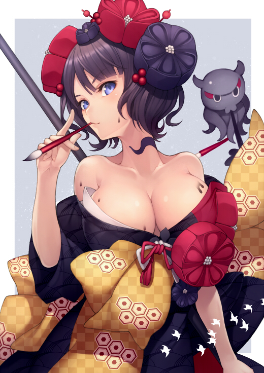 bangs banned_artist bare_shoulders black_kimono blue_eyes blush border breasts calligraphy_brush cleavage closed_mouth collarbone commentary_request fate/grand_order fate_(series) flower grey_background hair_flower hair_ornament hairpin holding holding_paintbrush ink japanese_clothes katsushika_hokusai_(fate/grand_order) kimono kyoeiki large_breasts looking_at_viewer obi octopus off_shoulder paintbrush purple_hair sash short_hair simple_background tokitarou_(fate/grand_order) white_border