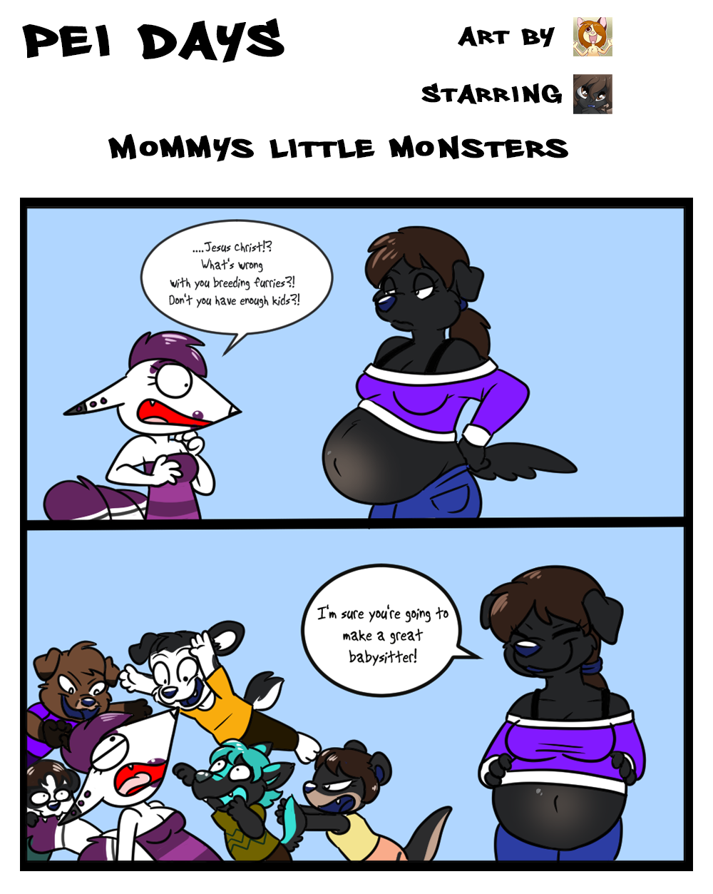 anthro belly big_belly big_breasts breasts butt canine clothed clothing cub digital_media_(artwork) dog electra english_text female hair mammal open_mouth pregnant purple_hair sherri_mayim simple_background technicolor_pie text tongue young
