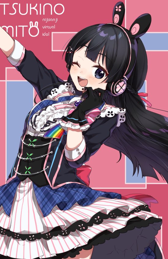 1girl alternate_costume animal_ears bangs black_gloves black_hair blue_eyes blush braid brooch bunny_ears character_name clover commentary copyright_name corset cowboy_shot frilled_skirt frills gloves hair_ornament hairclip hand_on_headset headphones headset jewelry long_hair long_sleeves looking_at_viewer miniskirt nijisanji one_eye_closed open_mouth rainbow round_teeth skirt smile solo teeth thighs tsukino_mito vest virtual_youtuber yamabukiiro