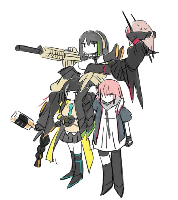 5girls anti-rain_(girls_frontline) assault_rifle boots combine commentary fingerless_gloves girls_frontline gloves gun headphones hiropon_(hiroto21111) lifted_by_another lifting_person long_hair m16a1_(girls_frontline) m4_carbine m4_sopmod_ii_(girls_frontline) m4a1_(girls_frontline) megaphone multiple_girls rifle ro635_(girls_frontline) skirt skirt_lift st_ar-15_(girls_frontline) sweatdrop weapon