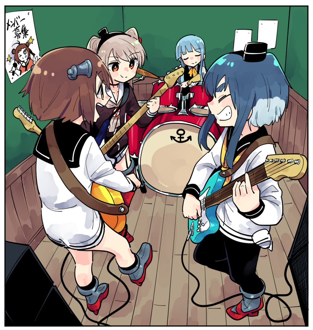 amatsukaze_(kantai_collection) amplifier anchor_symbol band bangs bass_guitar black_legwear black_sailor_collar blouse blunt_bangs border brown_dress brown_hair cable cameo closed_eyes closed_mouth commentary_request dress drum drum_set drumsticks electric_guitar facing_another finger_gun fisheye garter_straps grey_footwear guitar hatsukaze_(kantai_collection) headset holding holding_instrument indoors instrument kantai_collection lifebuoy light_blue_hair long_hair long_sleeves looking_at_another multiple_girls music naka_(kantai_collection) neckerchief open_mouth orange_eyes outstretched_leg platinum_blonde_hair playing_instrument red_footwear room rudder_shoes sailor_collar sailor_dress shirt short_dress short_hair short_hair_with_long_locks sidelocks sideways_mouth sign sitting sleeve_cuffs socks standing straight_hair thick_eyebrows tokitsukaze_(kantai_collection) tonmoh translation_request two_side_up wall white_border white_pupils white_shirt wooden_floor wooden_wall yellow_neckwear yukikaze_(kantai_collection)