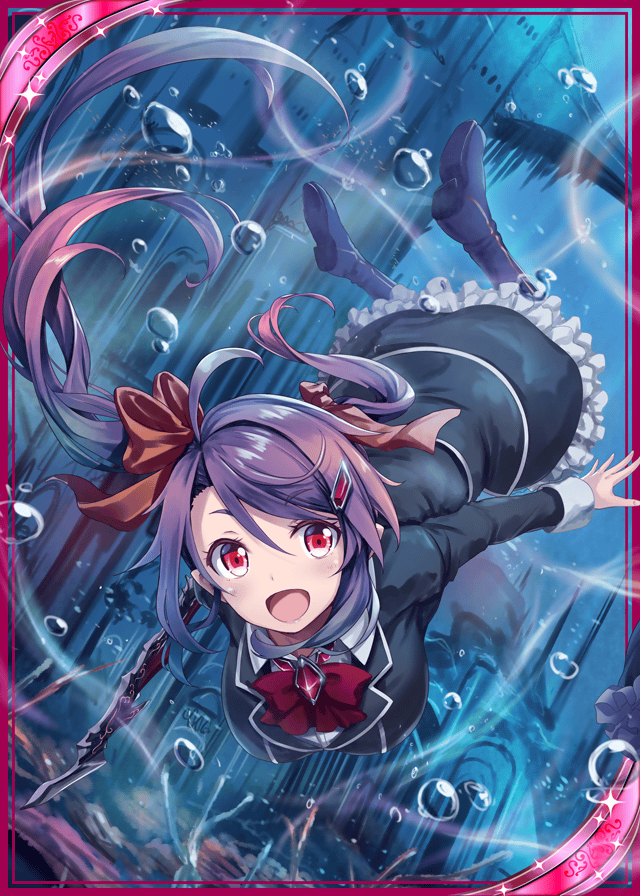 :d akkijin boots breasts bubble card_(medium) castle coral gem hair_ornament hair_ribbon large_breasts long_hair official_art open_mouth orange_ribbon ponytail purple_hair red_eyes ribbon shinkai_no_valkyrie smile soles swimming underwater uniform weapon