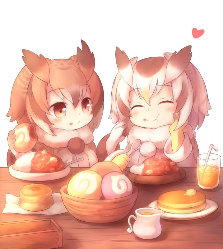 bangs bowl brown_eyes brown_hair butter chewing closed_eyes coat commentary_request cup curry drinking_glass eating eurasian_eagle_owl_(kemono_friends) eyebrows_visible_through_hair food food_on_face food_request fur_trim gloves hand_on_own_face heart holding holding_food holding_spoon ice ice_cube japari_bun kemono_friends long_sleeves looking_at_another matsuu_(akiomoi) medium_hair multicolored_hair multiple_girls napkin northern_white-faced_owl_(kemono_friends) pancake pitcher plate pom_pom_(clothes) pom_poms sitting spoon straw table white_background white_hair yellow_gloves