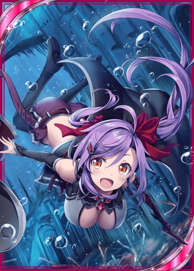 :d akkijin ass boots breasts bubble card_(medium) castle cleavage coral gem hair_ornament hair_ribbon large_breasts long_hair official_art open_mouth orange_eyes ponytail purple_hair red_ribbon ribbon shinkai_no_valkyrie short_shorts shorts smile soles swimming thighhighs underwater weapon