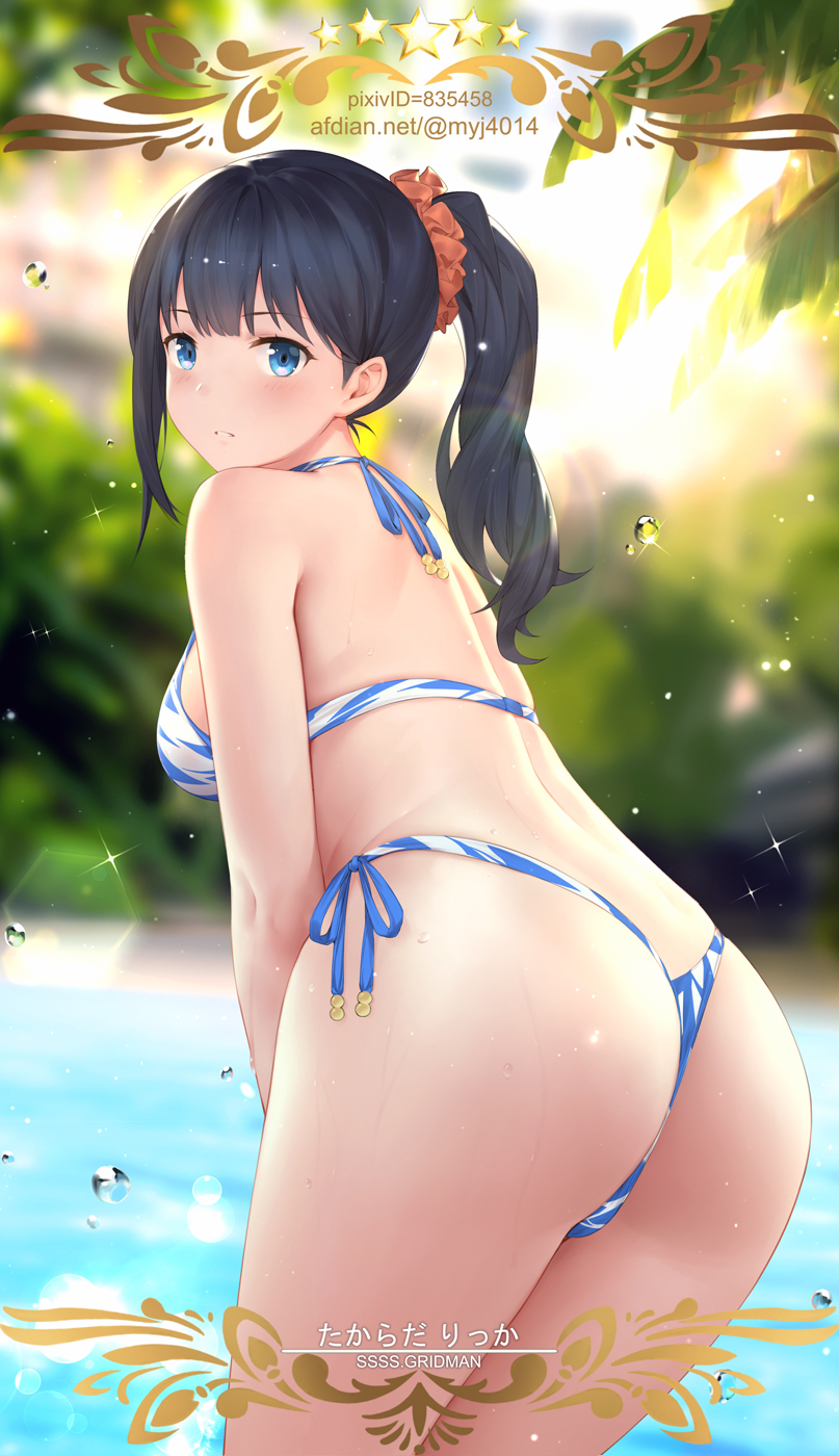 1girl ass bangs bikini black_hair blue_eyes blurry blurry_background breasts copyright_name eyebrows_visible_through_hair from_behind hair_ornament hair_scrunchie highres leaning_forward legs_together long_hair looking_at_viewer looking_back medium_breasts orange_scrunchie parted_lips pixiv_id ponytail scrunchie side-tie_bikini side-tie_bottom solo ssss.gridman standing swimsuit takarada_rikka translation_request water water_drop watermark web_address yijian_ma