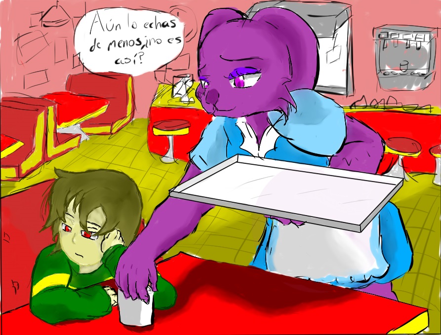 beverage clothed clothing deltarune detailed_background fully_clothed fur human kris_(deltarune) mammal purple_eyes purple_fur red_eyes spanish_text speech_bubble text