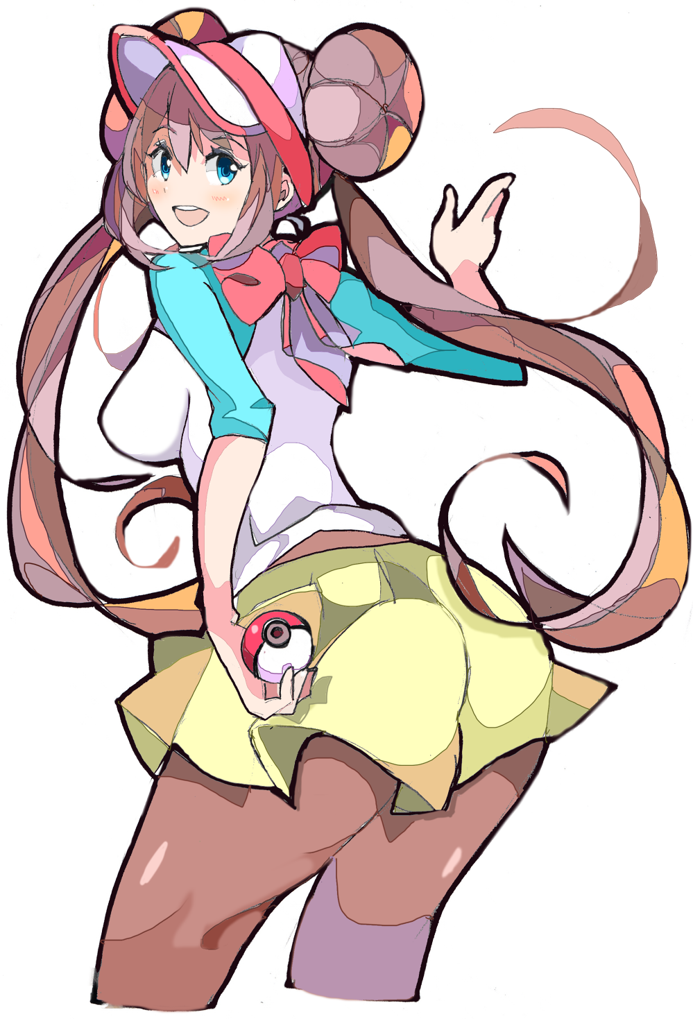 :d ass bangs blue_eyes blush breasts brown_hair brown_legwear double_bun enpe eyebrows_visible_through_hair highres holding holding_poke_ball medium_breasts mei_(pokemon) open_mouth pantyhose pantyhose_under_shorts poke_ball poke_ball_(generic) pokemon pokemon_(game) pokemon_bw2 raglan_sleeves round_teeth shirt shorts simple_background sleeves_past_elbows smile solo teeth twintails visor_cap white_background yellow_shorts