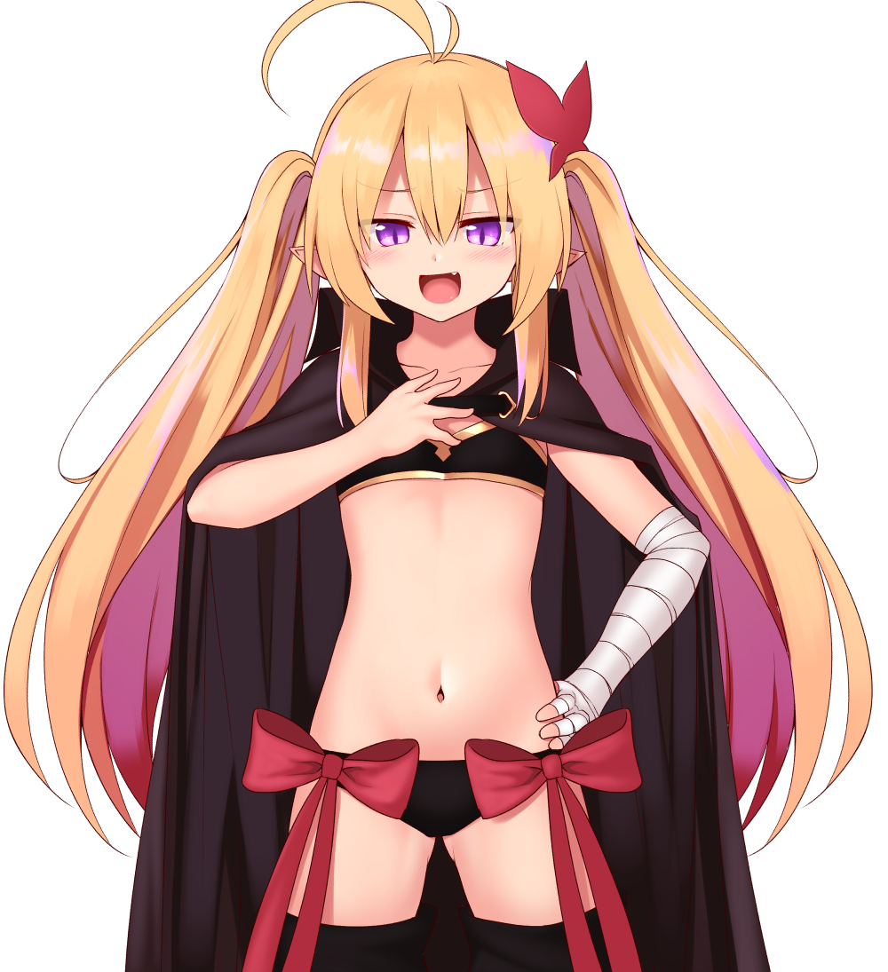 :d antenna_hair ass_visible_through_thighs bandaged_arm bandages bangs black_bra black_cape black_legwear black_panties blonde_hair blush bra cape collarbone cowboy_shot fang flat_chest hair_between_eyes hair_ornament hand_on_hip hand_on_own_chest long_hair looking_at_viewer mahcdai navel open_mouth original panties pointy_ears purple_eyes red_ribbon ribbon sidelocks simple_background slit_pupils smile solo standing thighhighs twintails underwear underwear_only white_background