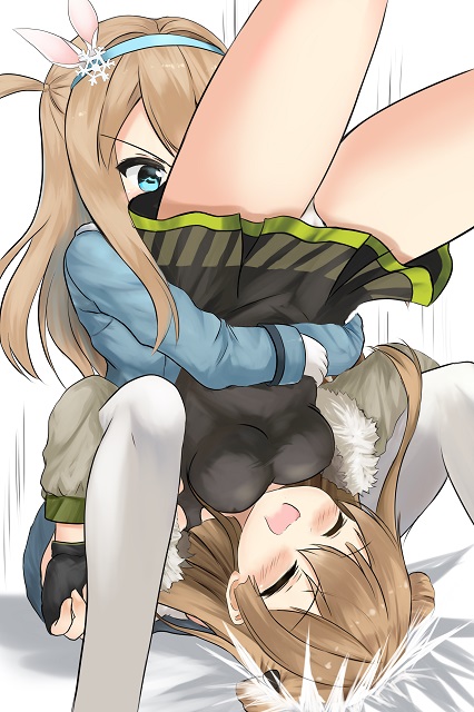 2girls attack blonde_hair blue_eyes blush catfight clenched_teeth fighting garter_straps girls_frontline kuwamori long_hair miniskirt multiple_girls pain panties punch punching red_ribbon rfb_(girls_frontline) ribbon shiny shiny_hair short_hair skirt smile suomi_kp31_(girls_frontline) tears teeth underwear very_long_hair violence yuri