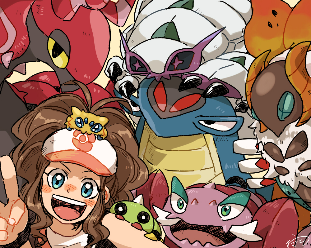 1girl :d armaldo bag bare_arms baseball_cap black_eyes black_sclera black_vest blue_eyes blush brown_hair drapion golisopod green_eyes hand_up hat joltik long_hair looking_at_viewer open_clothes open_mouth open_vest ozato_(doituitaria) pokemon pokemon_(creature) pokemon_(game) pokemon_bw scolipede self_shot shirt shoulder_bag sidelocks signature smile spinarak touko_(pokemon) upper_body upper_teeth v vest volcarona white_shirt wristband yellow_sclera