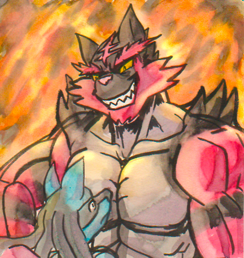 2018 abs abstract_background anthro black_fur blue_fur canine duo feline fire fur incineroar lucario male mammal manpersonguy mrease muscular muscular_male nintendo pok&eacute;mon pok&eacute;mon_(species) red_fur teeth traditional_media_(artwork) video_games watercolor_(artwork) yellow_sclera