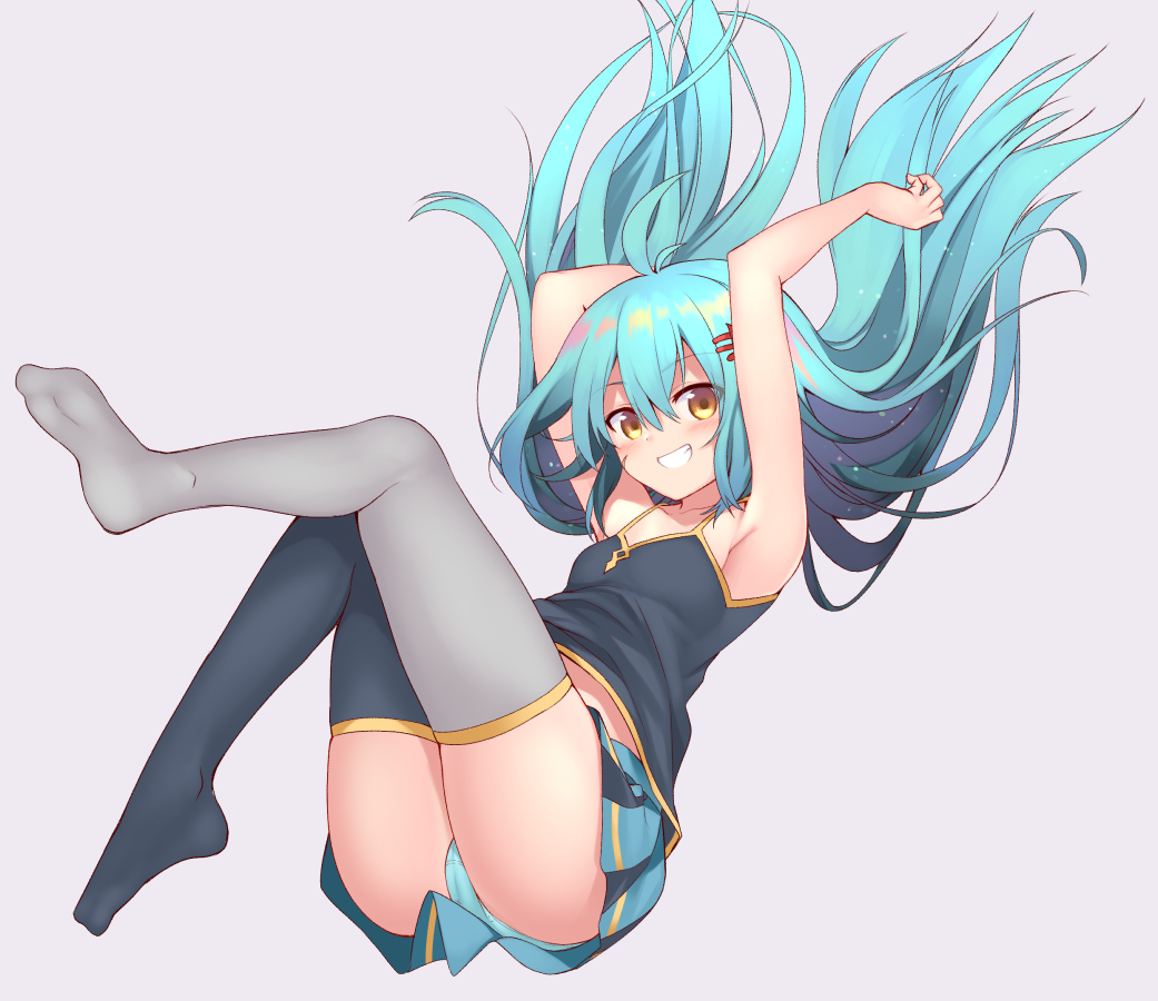 :d antenna_hair aqua_hair armpits arms_up ass bangs bare_arms bare_shoulders belly_peek black_legwear black_shirt blue_panties blue_skirt blush cameltoe camisole collarbone floating_hair full_body grey_background grey_legwear grin hair_between_eyes hair_ornament hairclip legs_up long_hair looking_at_viewer mahcdai miniskirt mismatched_legwear open_mouth original panties planol_note pleated_skirt shirt simple_background skirt smile solo teeth thighhighs underwear yellow_eyes