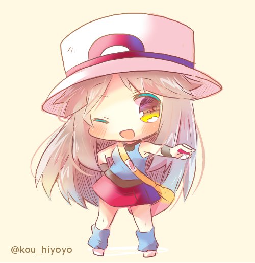 ;d bag bare_shoulders beige_background blue_(pokemon) blue_legwear blue_shirt blush brown_eyes brown_hair chibi full_body hand_on_hip hat holding holding_poke_ball kouu_hiyoyo long_hair looking_at_viewer loose_socks one_eye_closed open_mouth pleated_skirt poke_ball poke_ball_(generic) pokemon pokemon_(game) pokemon_frlg red_skirt shirt shoulder_bag skirt sleeveless sleeveless_shirt smile solo standing twitter_username very_long_hair white_hat wristband