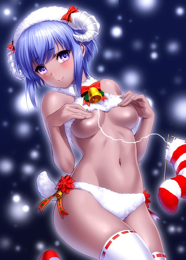 bare_shoulders blush breasts christmas_stocking commentary dark_skin fate/grand_order fate/prototype fate/prototype:_fragments_of_blue_and_silver fate_(series) hassan_of_serenity_(fate) hat horns knitting_needle looking_at_viewer medium_breasts midriff navel needle purple_eyes purple_hair santa_hat short_hair smile string thighhighs thighs underboob zen