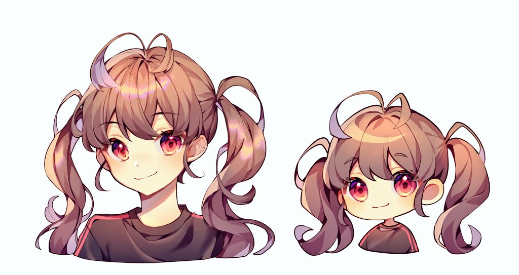 antenna_hair black_shirt blush brown_hair chibi closed_mouth eyebrows_visible_through_hair ha_youn looking_at_viewer original red_eyes shirt simple_background smile twintails upper_body white_background