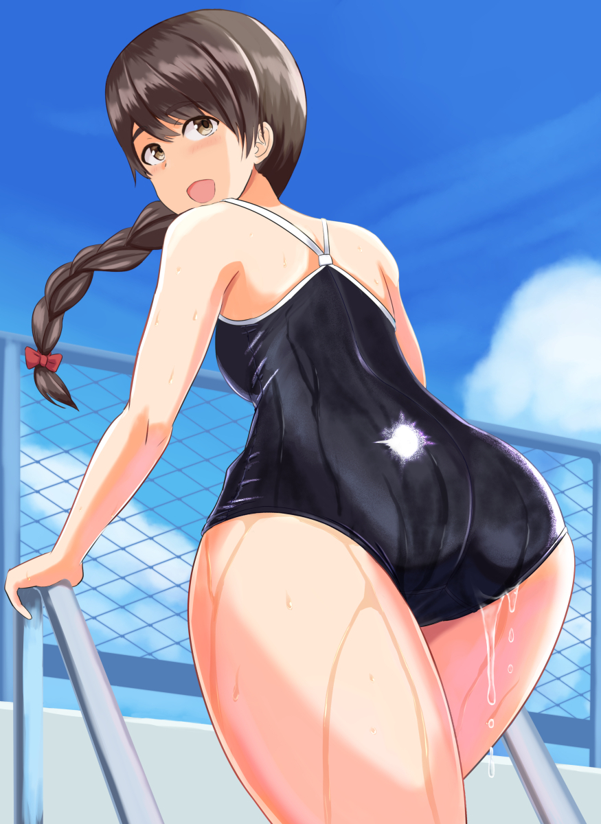 ass back blue_sky braid breasts brown_eyes brown_hair chain-link_fence cloud cloudy_sky commentary_request competition_school_swimsuit competition_swimsuit day eyebrows_visible_through_hair fence highres kantai_collection long_hair looking_at_viewer looking_back mayomaru1 one-piece_swimsuit open_mouth outdoors pool_ladder poolside school_swimsuit school_uniform serafuku shiny shiny_clothes single_braid sky small_breasts smile solo standing swimsuit uranami_(kantai_collection) wading