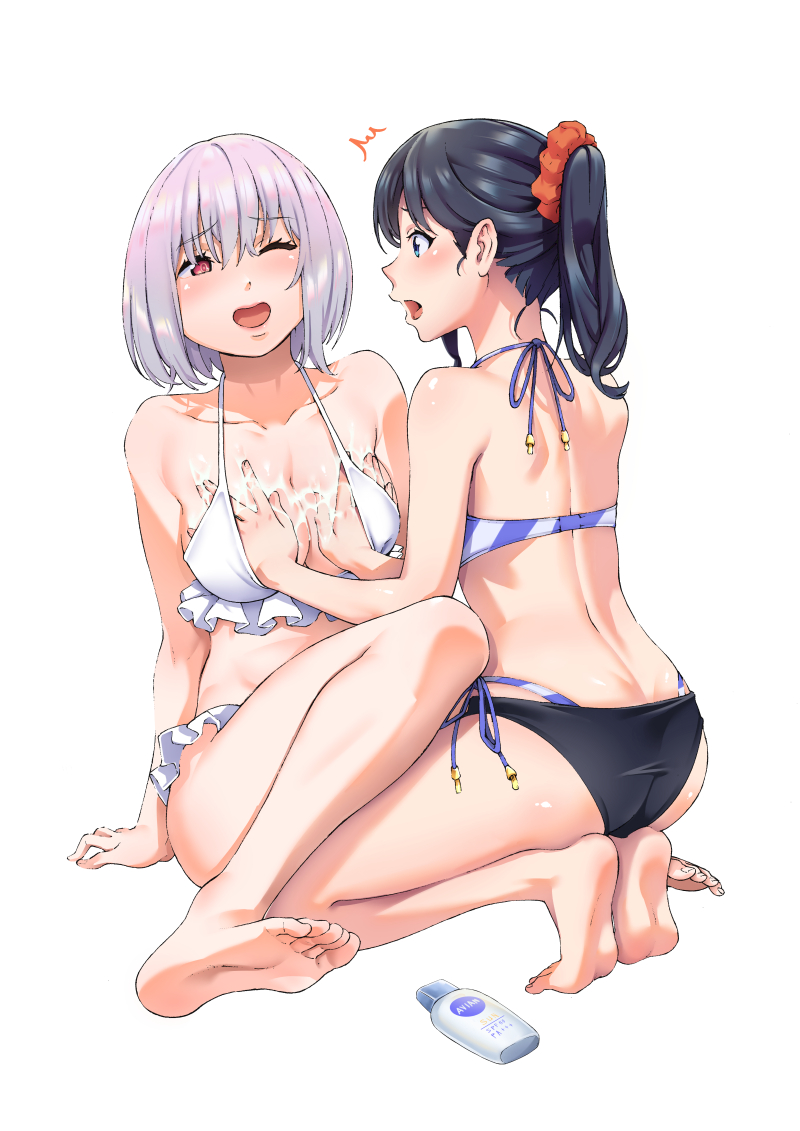 2girls ass bikini breasts kageoi lotion massage multiple_girls ponytail shinjou_akane ssss.gridman swimsuit takarada_rikka yuri
