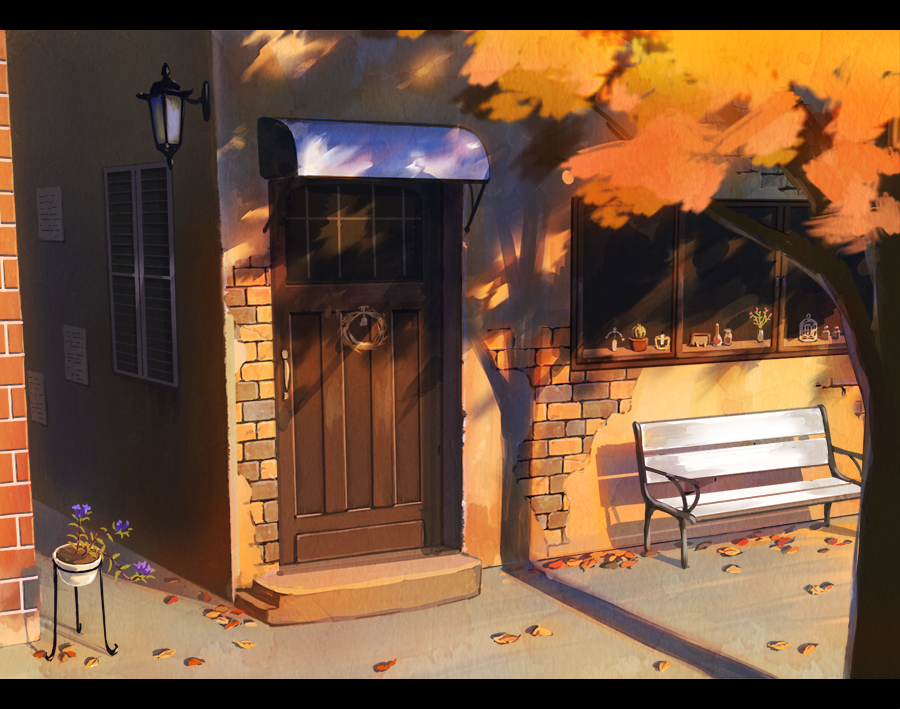 autumn_leaves awning bench door lamp letterboxed mizuasagi no_humans original outdoors scenery sunset tree window windowsill
