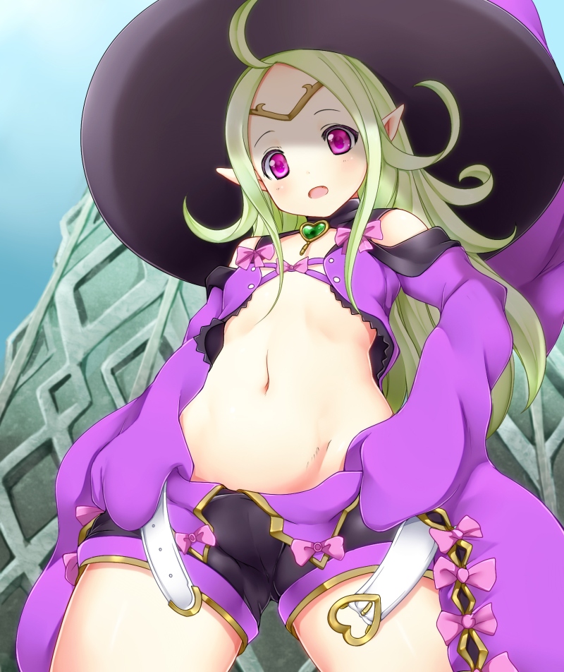 ashita_yaru belt circlet commentary_request fire_emblem fire_emblem:_kakusei fire_emblem_heroes green_hair halloween_costume hat long_hair long_sleeves mamkute midriff navel nono_(fire_emblem) open_mouth pointy_ears purple_eyes short_shorts shorts sleeves_past_fingers sleeves_past_wrists solo undone_belt witch_hat